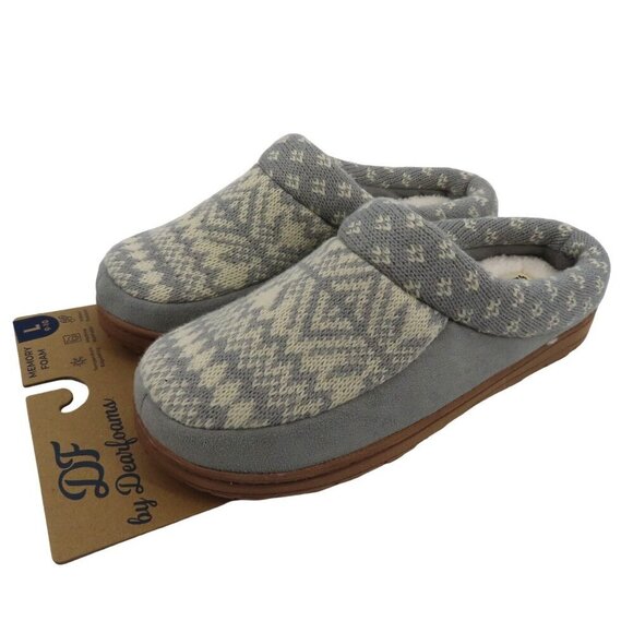 Dearfoams Large 9-10 Gray Sweater Knit Indoor Outdoor Memory Foam Slippers NEW - Picture 1 of 12